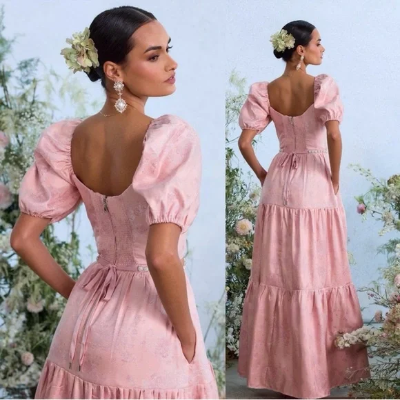 V. Chapman Emma Puff Sleeve Maxi Dress Gown in Light Pink Windsor Brocade 12 NWT - Picture 2 of 12